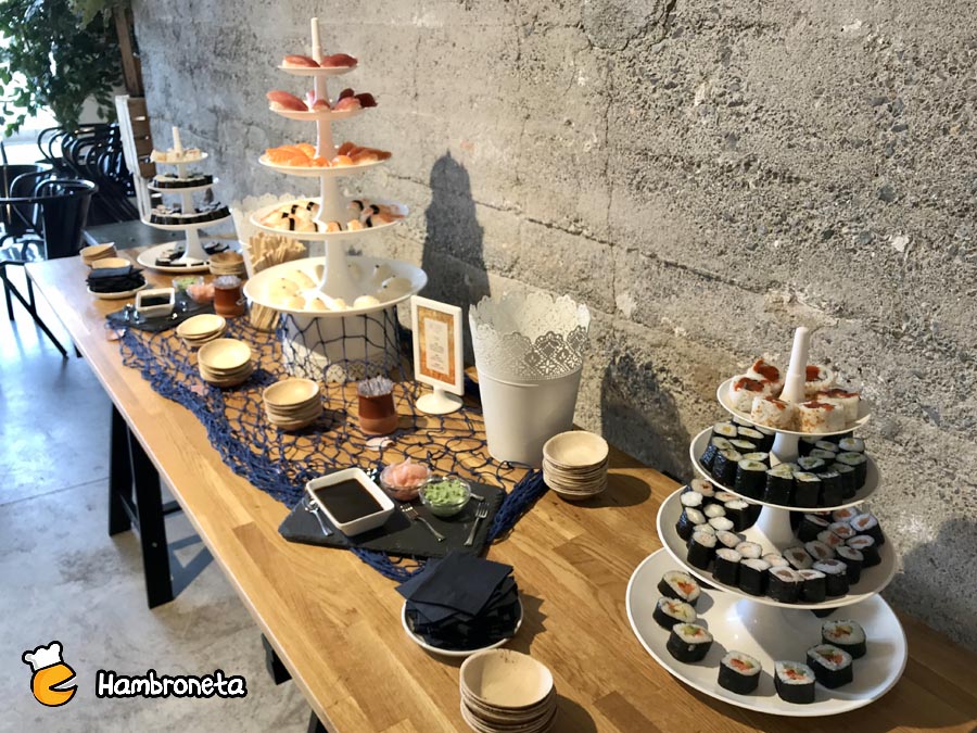 Boda catering Hambroneta Ale y Alatz Silo Bilbao vista general mesa sushi