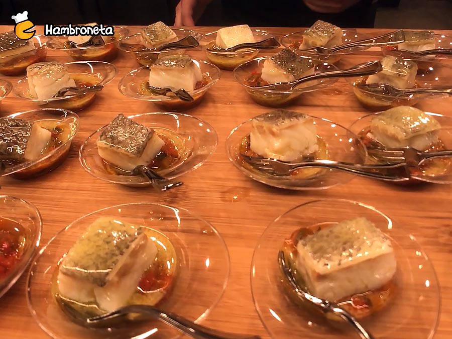 Boda Alai Alatz Silo Bilbao cucharita de bacalao al pil pil con pisto